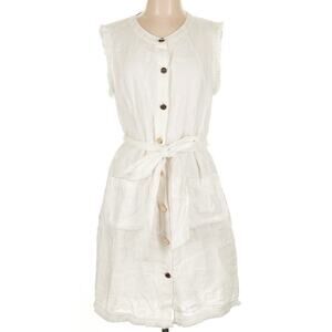 J.Crew White Linen Button Up Dress, Fringe Detail Size Large